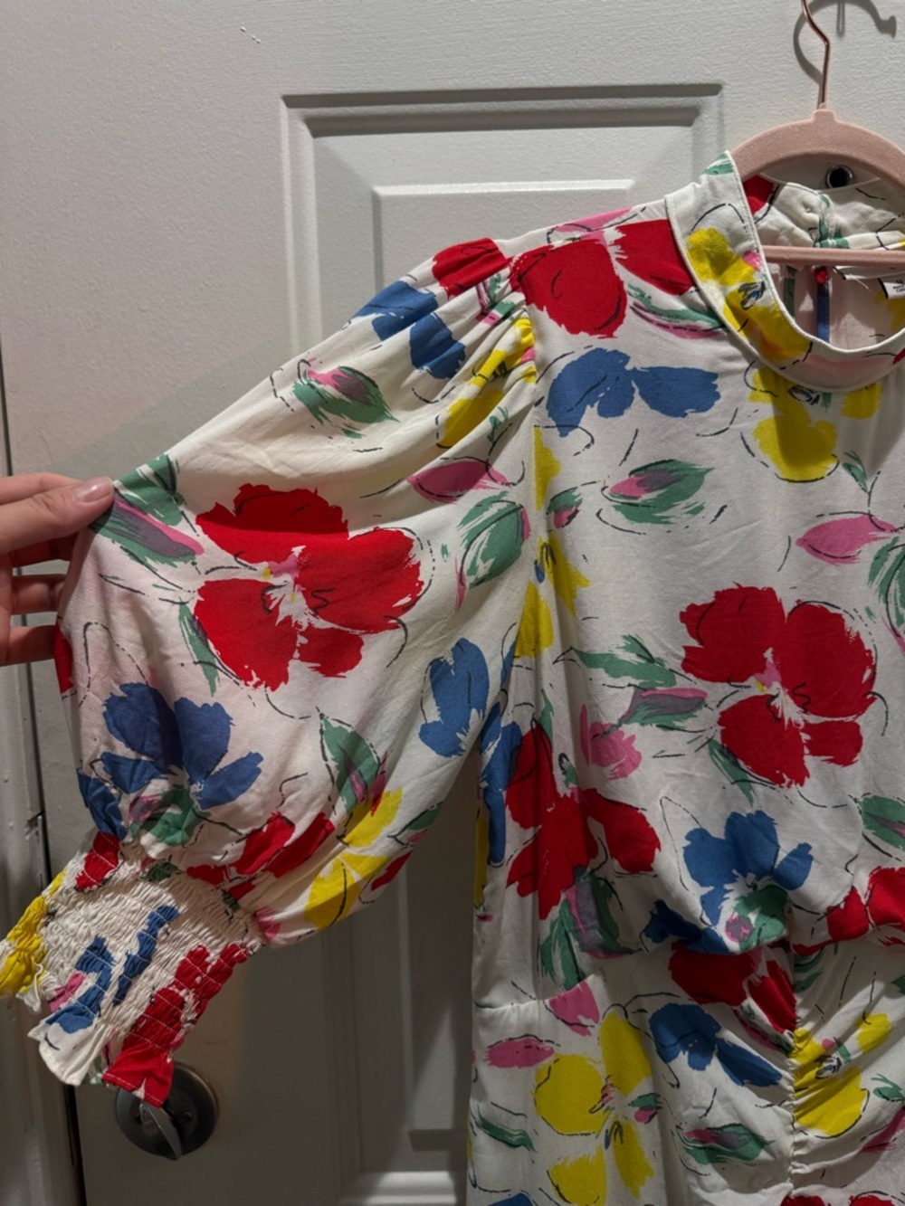 RIXO Cream Floral Dress with Red, Blue, Yellow & Pink Accents